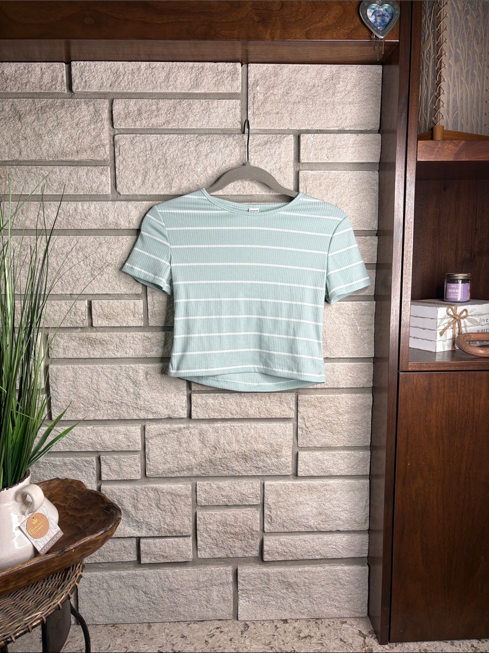 SHEIN Light Blue & White Striped Crop Tee